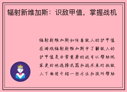 辐射新维加斯：识敌甲值，掌握战机